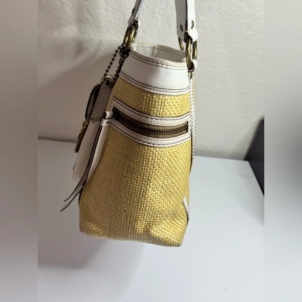 Vintage Y2K COACH White Leather Trim Tote Handbag LEGACY w Natural Straw Purse